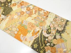 佐賀錦　橋に御所車・花・古典柄織り出し　振袖用袋帯